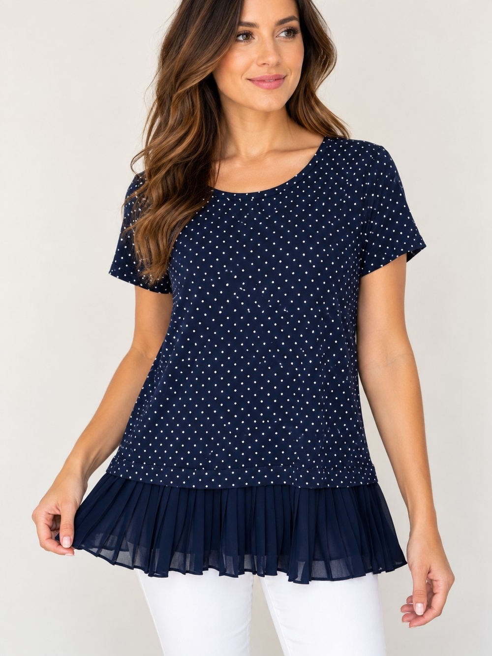 Michael Kors Navy Polka Dot Pleated-Hem Top | NWT | Size M
